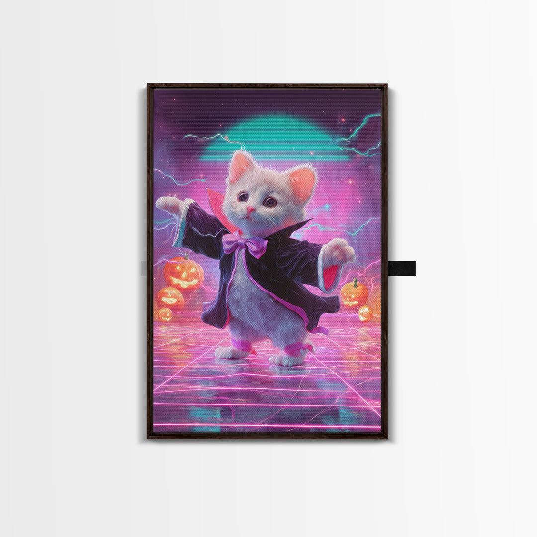 The Kitten Vampire, Cute Spooky Neon Art, Vertical Wall Art, Canvas Print, Retro Halloween Decor, Neon Wall Art, Horror Wall Art