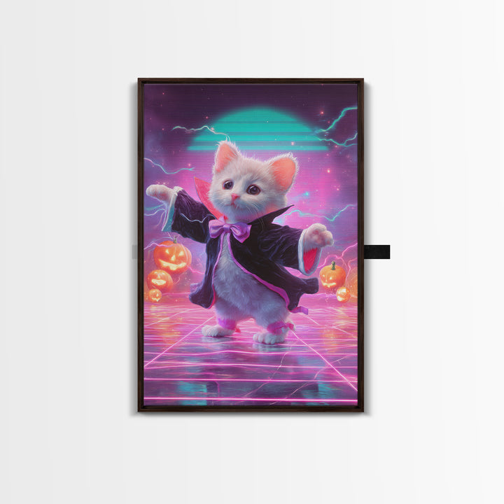 The Kitten Vampire, Cute Spooky Neon Art, Vertical Wall Art, Canvas Print, Retro Halloween Decor, Neon Wall Art, Horror Wall Art