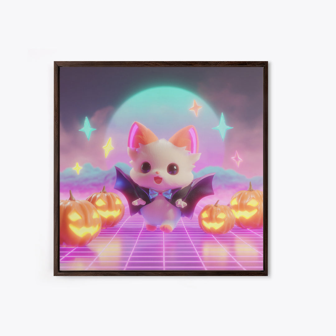 The Kitten Vampire, Vaporwave Halloween Decor, Square Wall Art, Canvas Print, Retro Halloween Decor, Neon Wall Art, Collectible Wall Decor