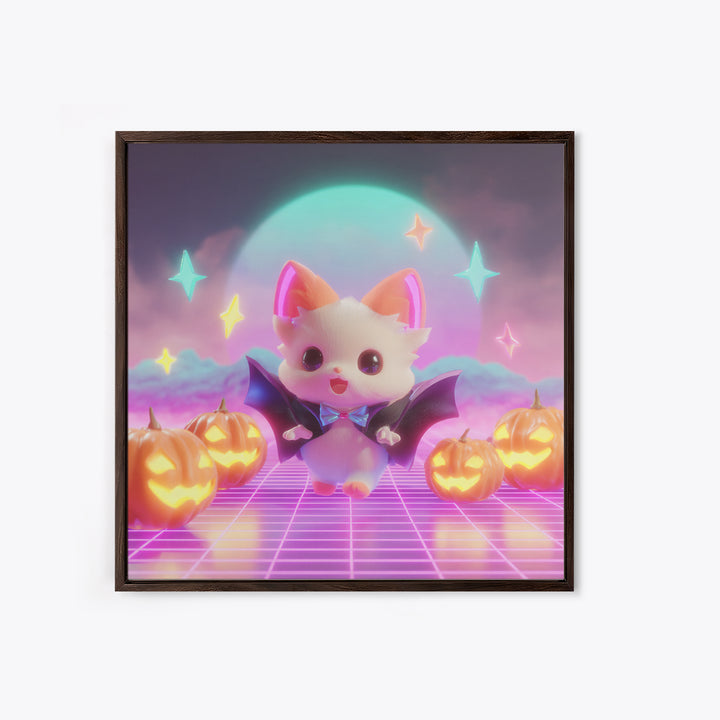The Kitten Vampire, Vaporwave Halloween Decor, Square Wall Art, Canvas Print, Retro Halloween Decor, Neon Wall Art, Collectible Wall Decor
