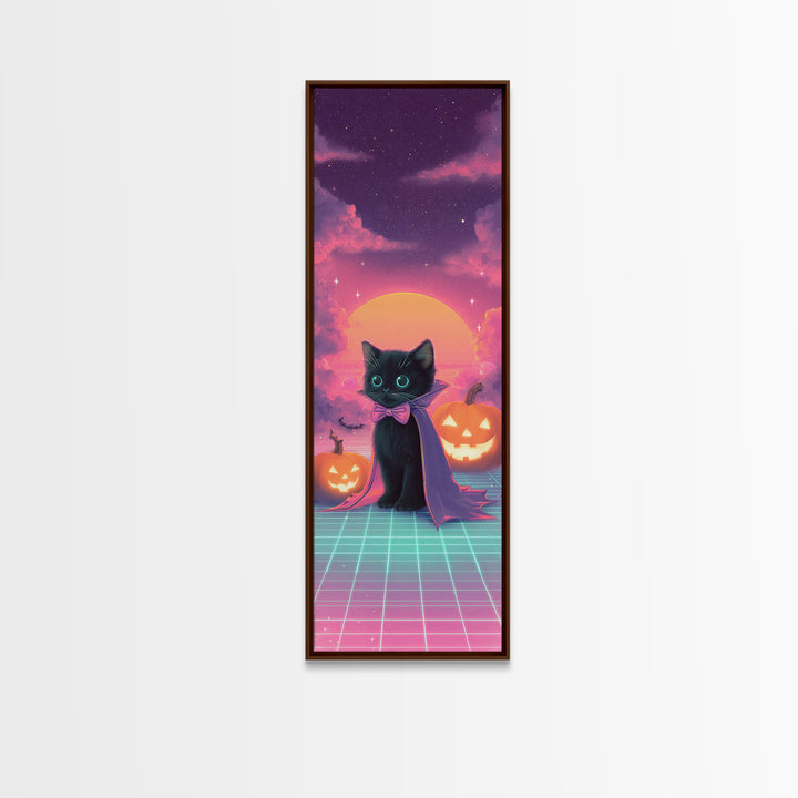 The Kitten Vampire, 80s Halloween Wall Art, Tall Narrow Wall Art, Framed Canvas Print, Retro Halloween Decor, Neon Wall Art