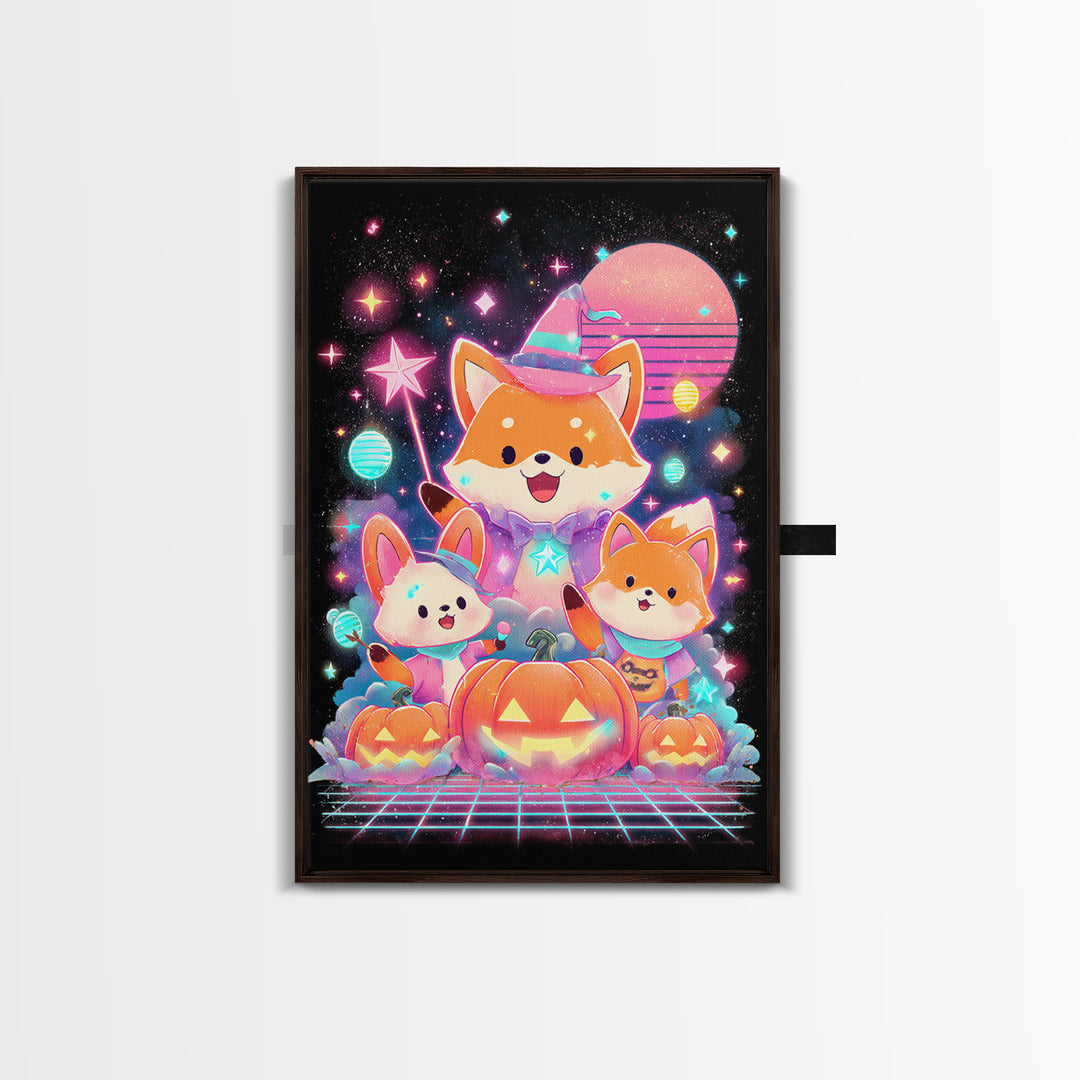 The Fox Wizard, Cute Spooky Neon Art, Vertical Wall Art, Framed Canvas Print, Retro Halloween Decor, Neon Wall Art, Horror Wall Art