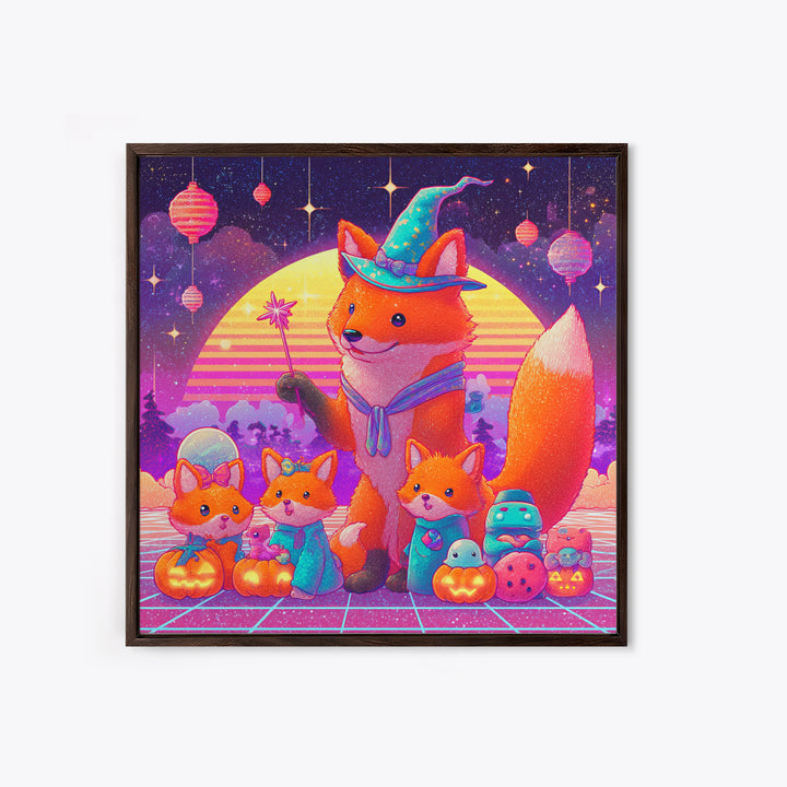 The Fox Wizard, 80s Halloween Wall Art, Square Wall Art, Framed Canvas Print, Retro Halloween Decor, Neon Wall Art, Gothic Home Decor