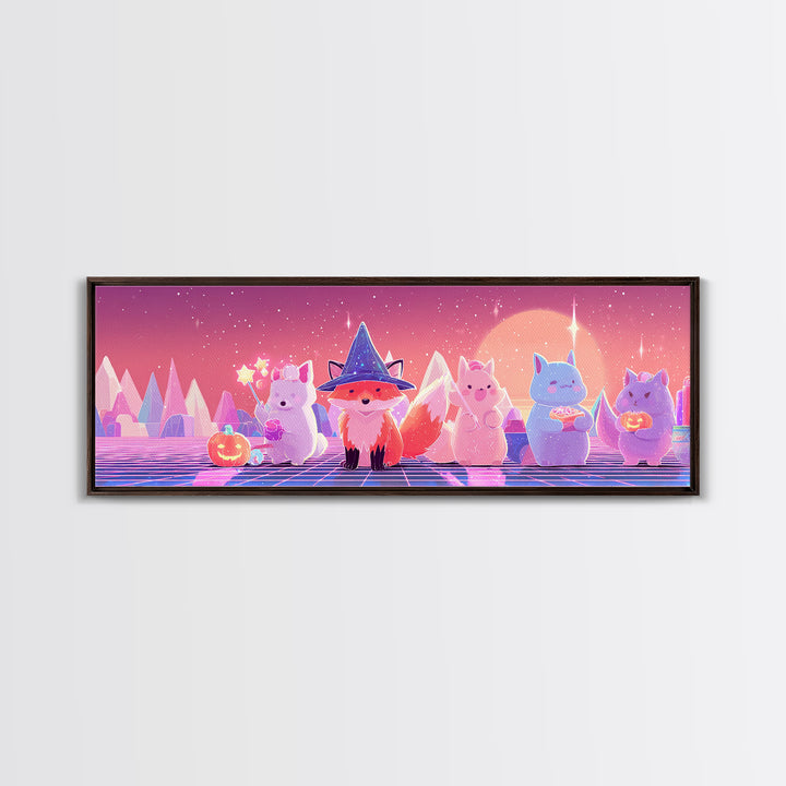 The Fox Wizard, Synthwave Halloween Art, Extra Wide Wall Art, Framed Canvas Print, Retro Halloween Decor, Neon Wall Art, Gothic Home Decor