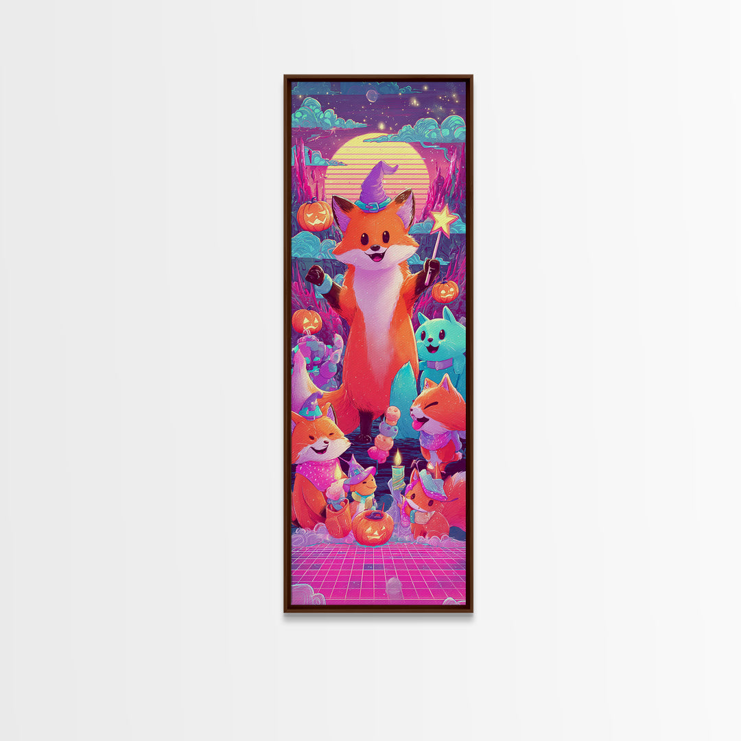 The Fox Wizard, 80s Halloween Wall Art, Tall Narrow Wall Art, Canvas Print, Retro Halloween Decor, Neon Wall Art, Dark Fantasy Art