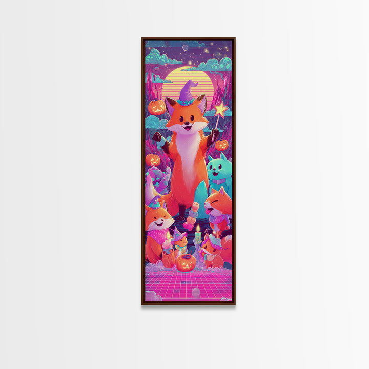 The Fox Wizard, 80s Halloween Wall Art, Tall Narrow Wall Art, Canvas Print, Retro Halloween Decor, Neon Wall Art, Dark Fantasy Art