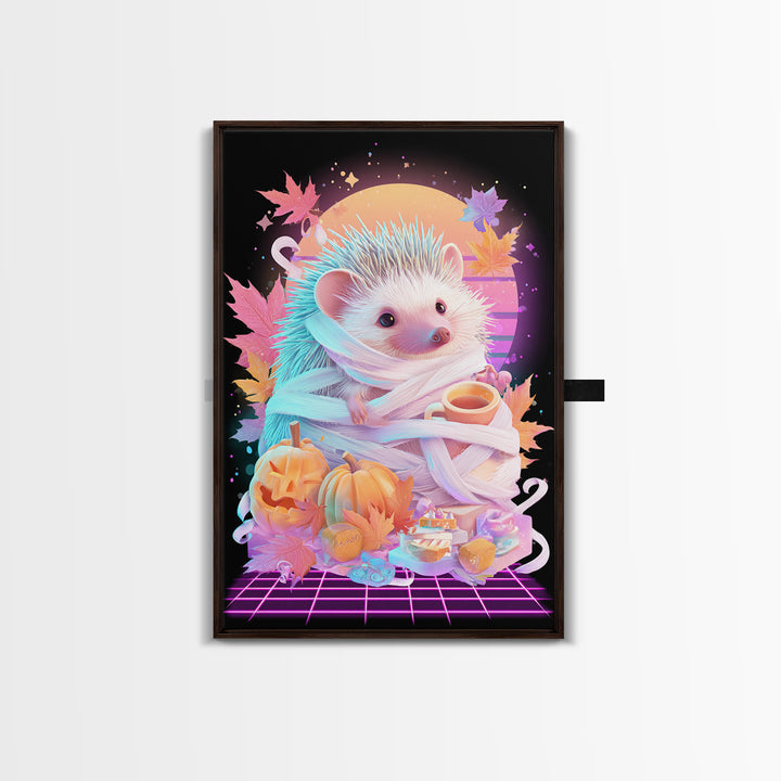The Hedgehog Mummy, Retro Neon Halloween Art, Vertical Wall Art, Canvas Print, Retro Halloween Decor, Neon Wall Art, Macabre Wall Art