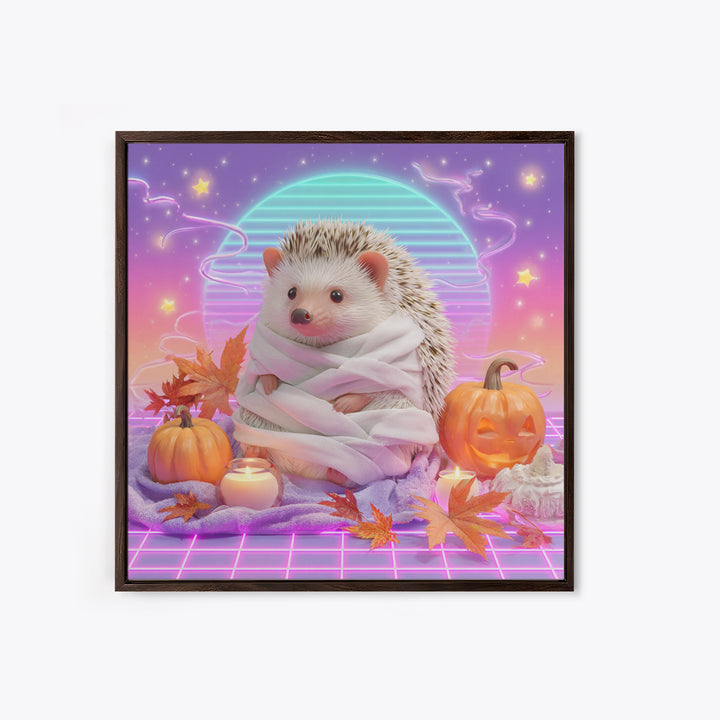 The Hedgehog Mummy, Retro Neon Halloween Art, Square Wall Art, Framed Canvas Print, Retro Halloween Decor, Neon Wall Art