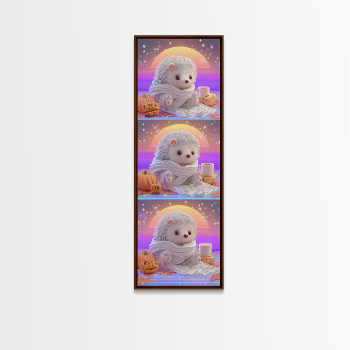 The Hedgehog Mummy, 80s Halloween Wall Art, Tall Narrow Wall Art, Framed Canvas Print, Retro Halloween Decor, Neon Wall Art