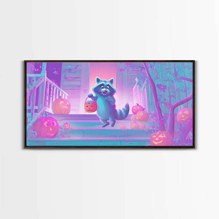 The Raccoon Trick-Or-Treater, Cute Spooky Neon Art, Wide Panoramic Art, Canvas Print, Retro Halloween Decor, Neon Wall Art