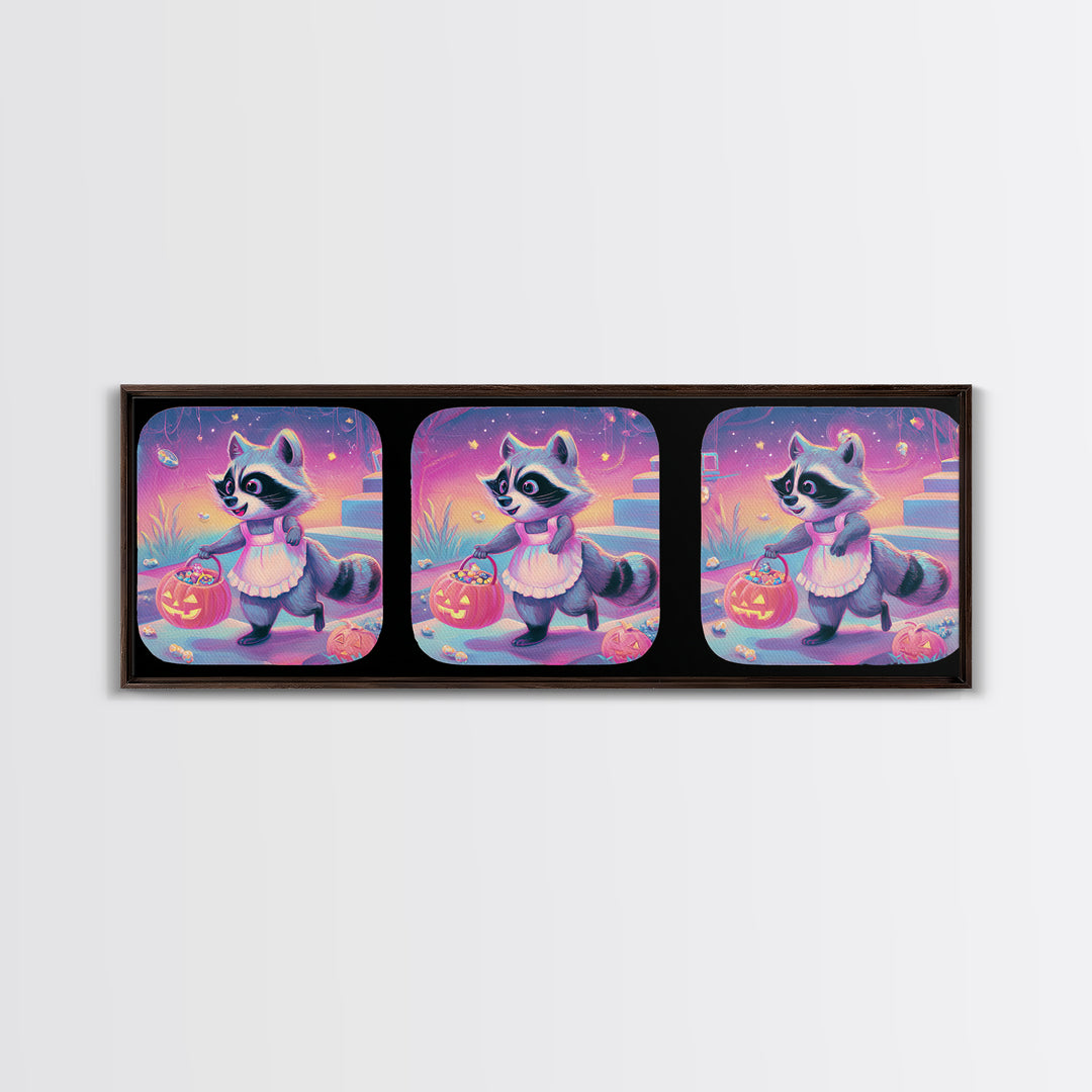 The Raccoon Trick-Or-Treater, Retro Neon Halloween Art, Extra Wide Wall Art, Framed Canvas Print, Retro Halloween Decor, Neon Wall Art