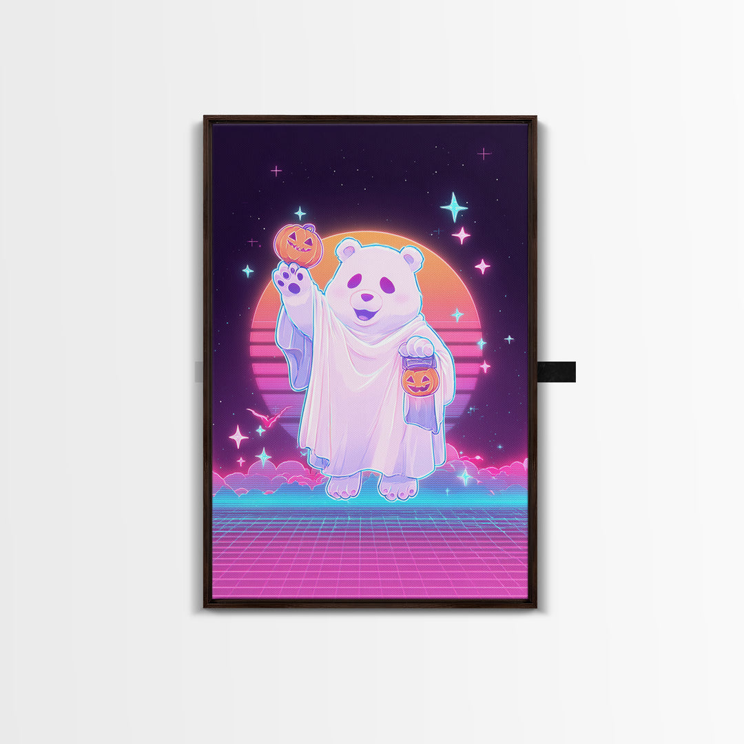 The Bear Cub Ghost, Vaporwave Halloween Decor, Vertical Wall Art, Framed Canvas Print, Retro Halloween Decor, Neon Wall Art, Horror Wall Art
