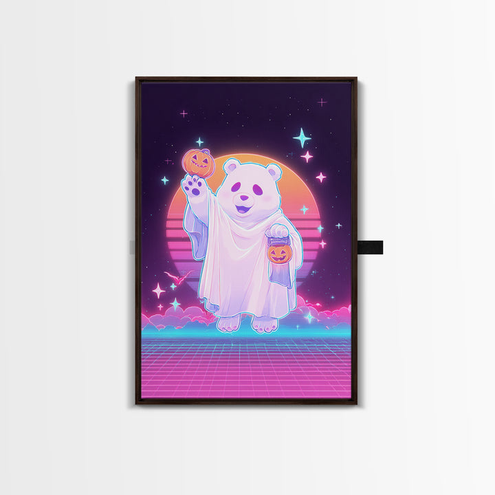 The Bear Cub Ghost, Vaporwave Halloween Decor, Vertical Wall Art, Framed Canvas Print, Retro Halloween Decor, Neon Wall Art, Horror Wall Art