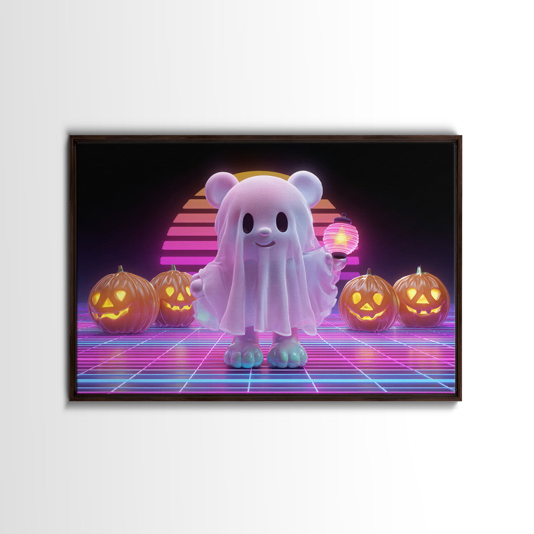 The Bear Cub Ghost, 80s Halloween Wall Art, Landscape Wall Art, Framed Canvas Print, Retro Halloween Decor, Neon Wall Art