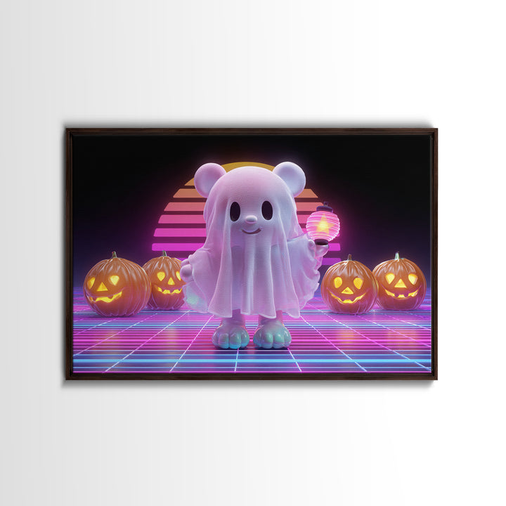 The Bear Cub Ghost, 80s Halloween Wall Art, Landscape Wall Art, Framed Canvas Print, Retro Halloween Decor, Neon Wall Art