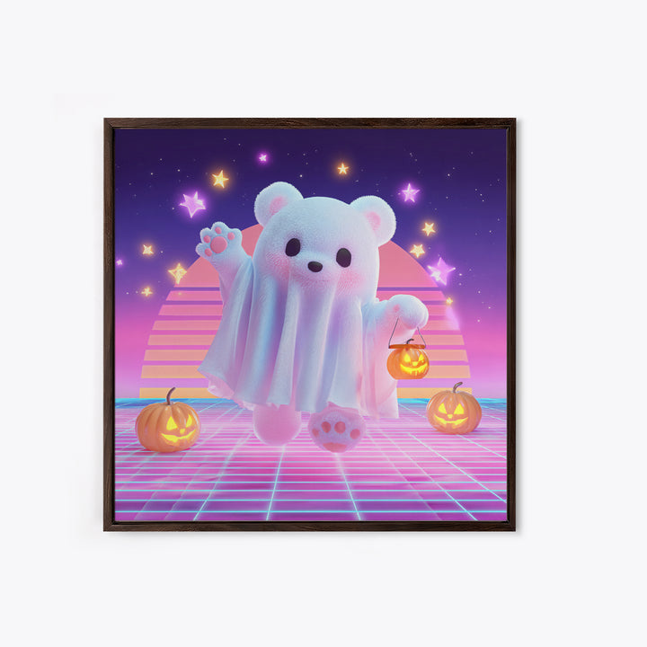 The Bear Cub Ghost, 80s Halloween Wall Art, Square Wall Art, Framed Canvas Print, Retro Halloween Decor, Neon Wall Art