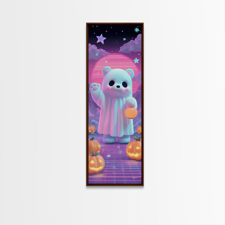 The Bear Cub Ghost, 80s Halloween Wall Art, Tall Narrow Wall Art, Canvas Print, Retro Halloween Decor, Neon Wall Art, Seasonal Home Decor