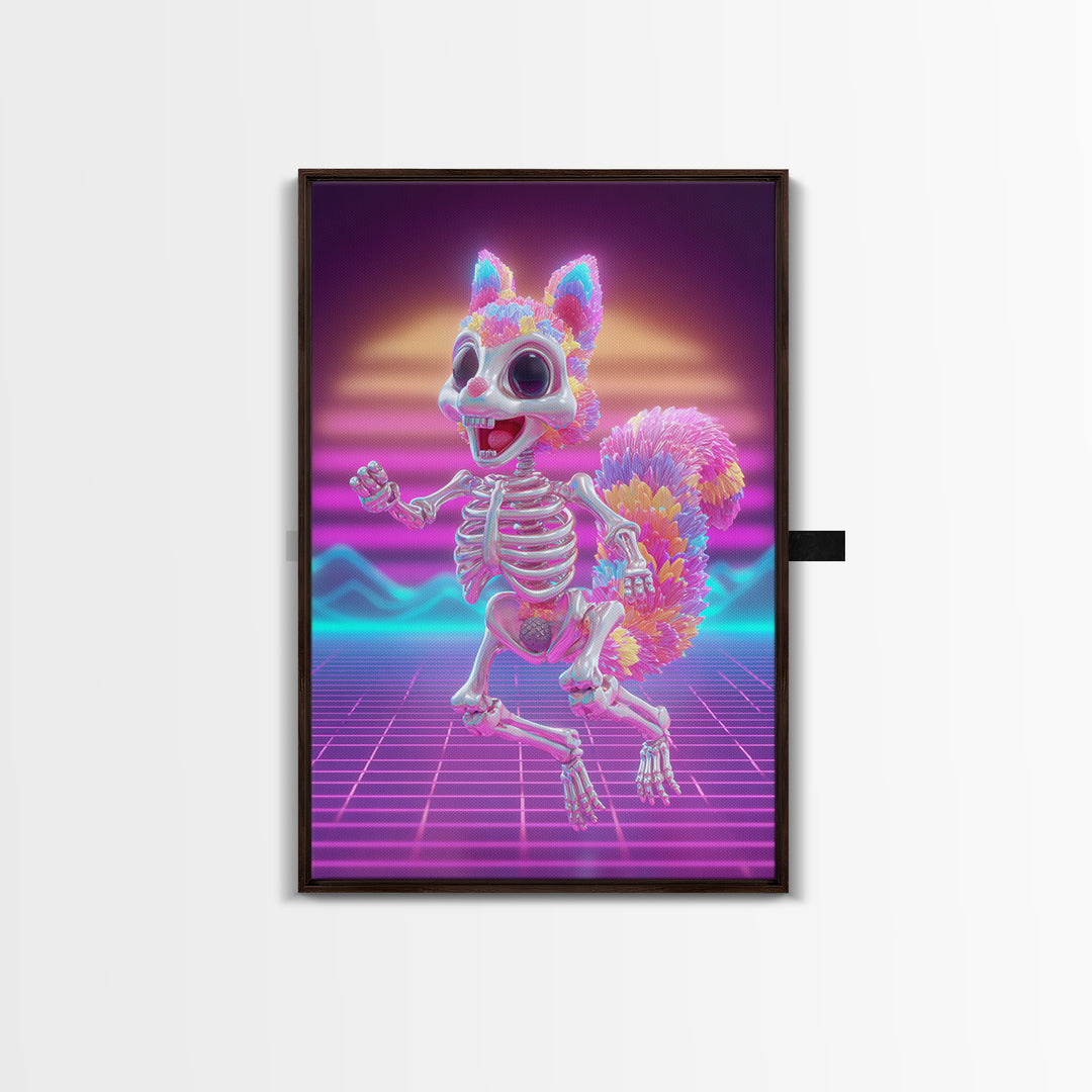 The Squirrel Skeleton, Vaporwave Halloween Decor, Vertical Wall Art, Canvas Print, Retro Halloween Decor, Neon Wall Art