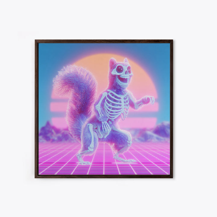The Squirrel Skeleton, Cute Spooky Neon Art, Square Wall Art, Canvas Print, Retro Halloween Decor, Neon Wall Art, Spooky Wall Decor
