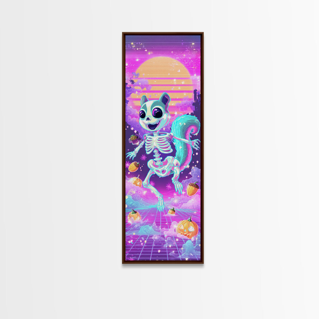 The Squirrel Skeleton, Synthwave Halloween Art, Tall Narrow Wall Art, Framed Canvas Print, Retro Halloween Decor, Neon Wall Art