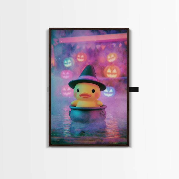 The Duckling Witch, Cute Spooky Neon Art, Vertical Wall Art, Canvas Print, Retro Halloween Decor, Neon Wall Art, Gothic Home Decor
