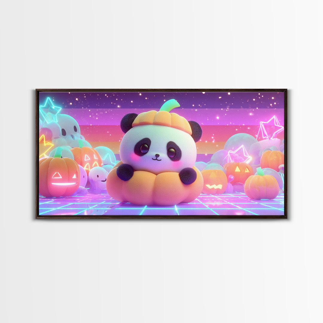The Panda Pumpkin, 80s Halloween Wall Art, Wide Panoramic Art, Framed Canvas Print, Retro Halloween Decor, Neon Wall Art, Dark Fantasy Art