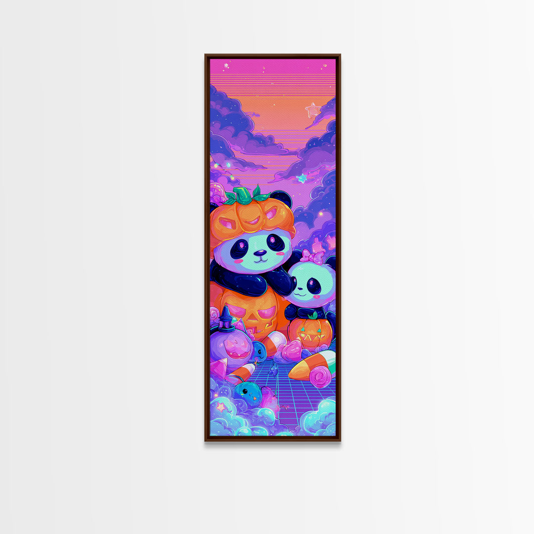 The Panda Pumpkin, 80s Halloween Wall Art, Tall Narrow Wall Art, Framed Canvas Print, Retro Halloween Decor, Neon Wall Art