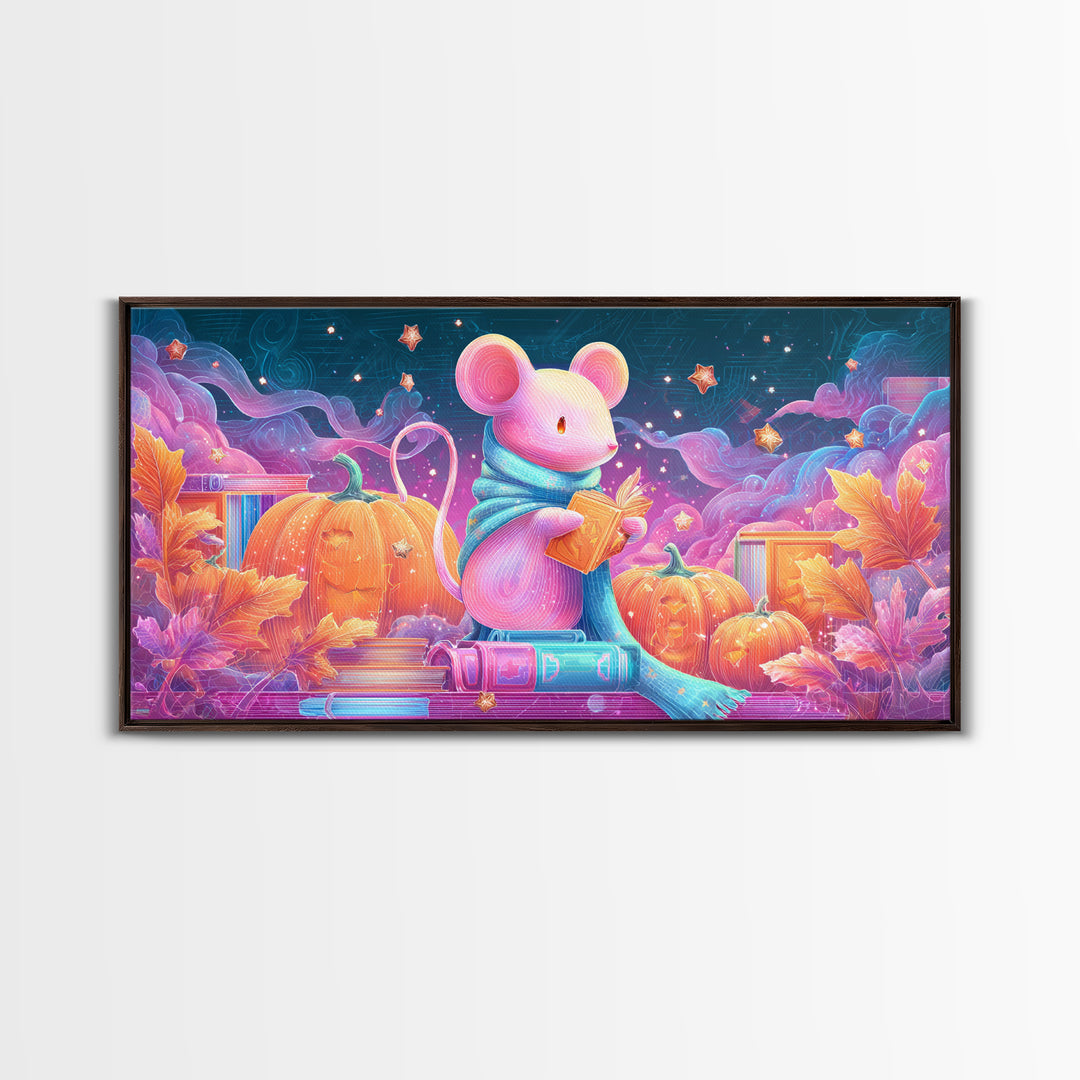The Magician Mouse, 80s Halloween Wall Art, Wide Panoramic Art, Canvas Print, Retro Halloween Decor, Neon Wall Art, Dark Fantasy Art