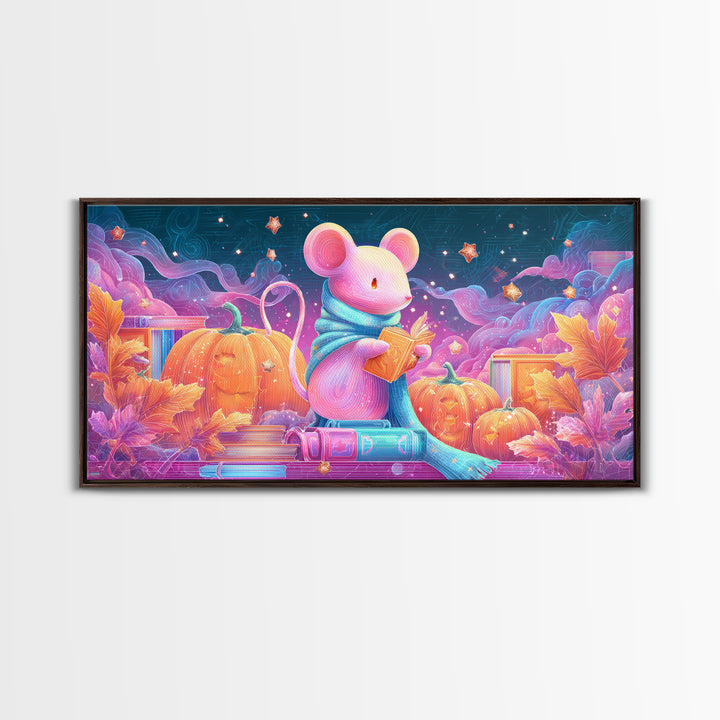 The Magician Mouse, 80s Halloween Wall Art, Wide Panoramic Art, Canvas Print, Retro Halloween Decor, Neon Wall Art, Dark Fantasy Art