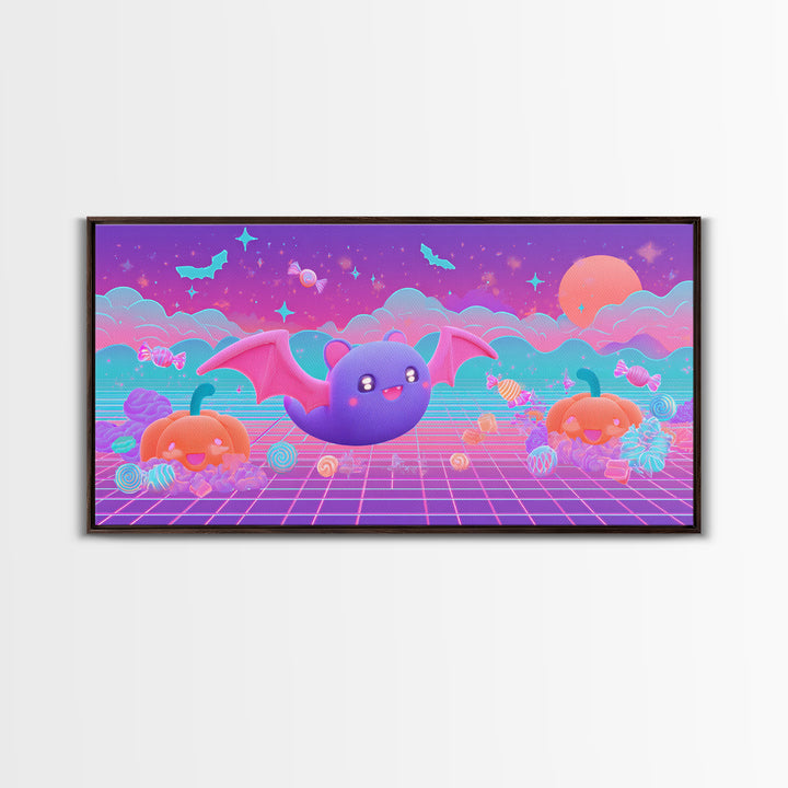 The Bat-Winged Otter, 80s Halloween Wall Art, Wide Panoramic Art, Framed Canvas Print, Retro Halloween Decor, Neon Wall Art