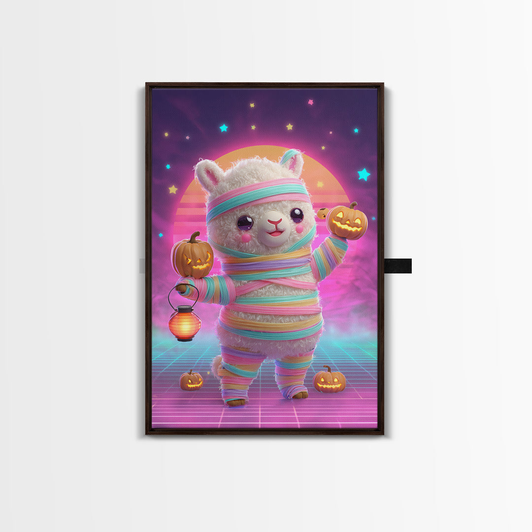 The Llama Mummy, Cute Spooky Neon Art, Vertical Wall Art, Framed Canvas Print, Retro Halloween Decor, Neon Wall Art, Macabre Wall Art