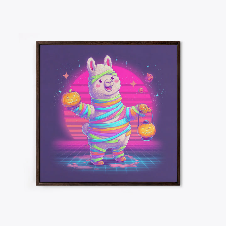 The Llama Mummy, Synthwave Halloween Art, Square Wall Art, Framed Canvas Print, Retro Halloween Decor, Neon Wall Art, Collectible Wall Decor