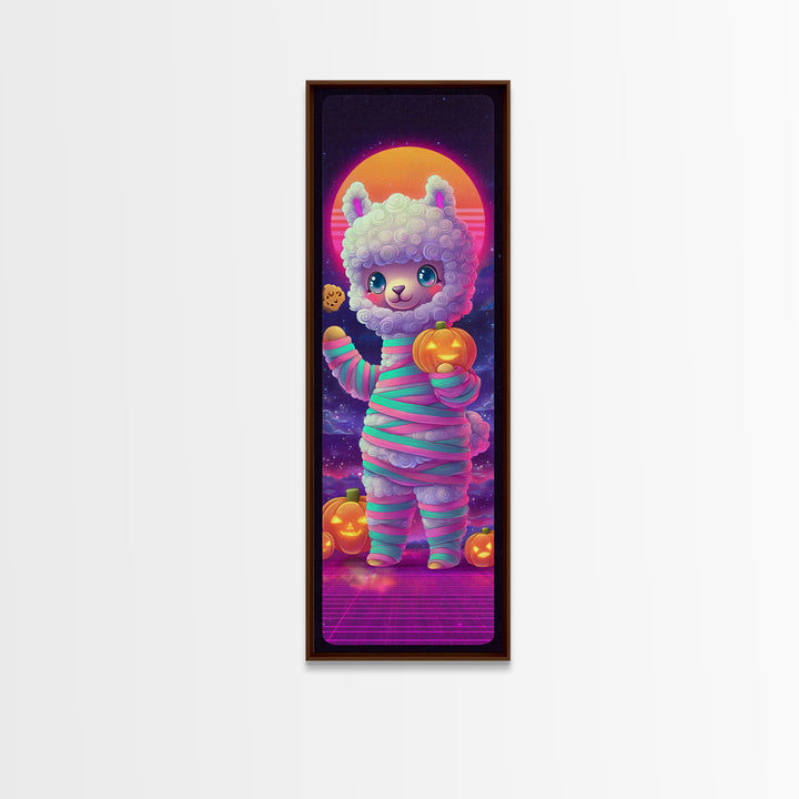 The Llama Mummy, Cute Spooky Neon Art, Tall Narrow Wall Art, Framed Canvas Print, Retro Halloween Decor, Neon Wall Art, Dark Fantasy Art