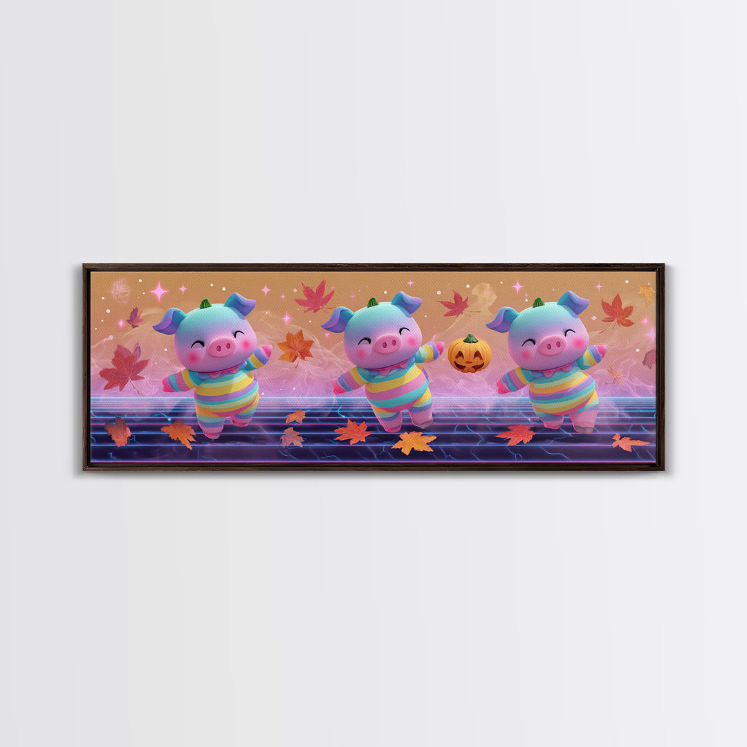 The Candy Corn Piglet, Synthwave Halloween Art, Extra Wide Wall Art, Framed Canvas Print, Retro Halloween Decor, Neon Wall Art