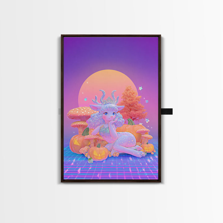 The Moon Princess Deer, Synthwave Halloween Art, Vertical Wall Art, Framed Canvas Print, Retro Halloween Decor, Neon Wall Art