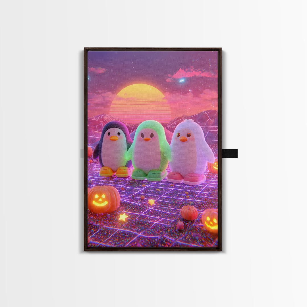 The Penguin Monster, Cute Spooky Neon Art, Vertical Wall Art, Framed Canvas Print, Retro Halloween Decor, Neon Wall Art, Gothic Home Decor