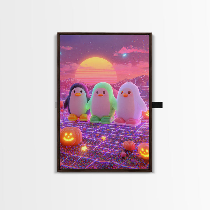 The Penguin Monster, Cute Spooky Neon Art, Vertical Wall Art, Framed Canvas Print, Retro Halloween Decor, Neon Wall Art, Gothic Home Decor
