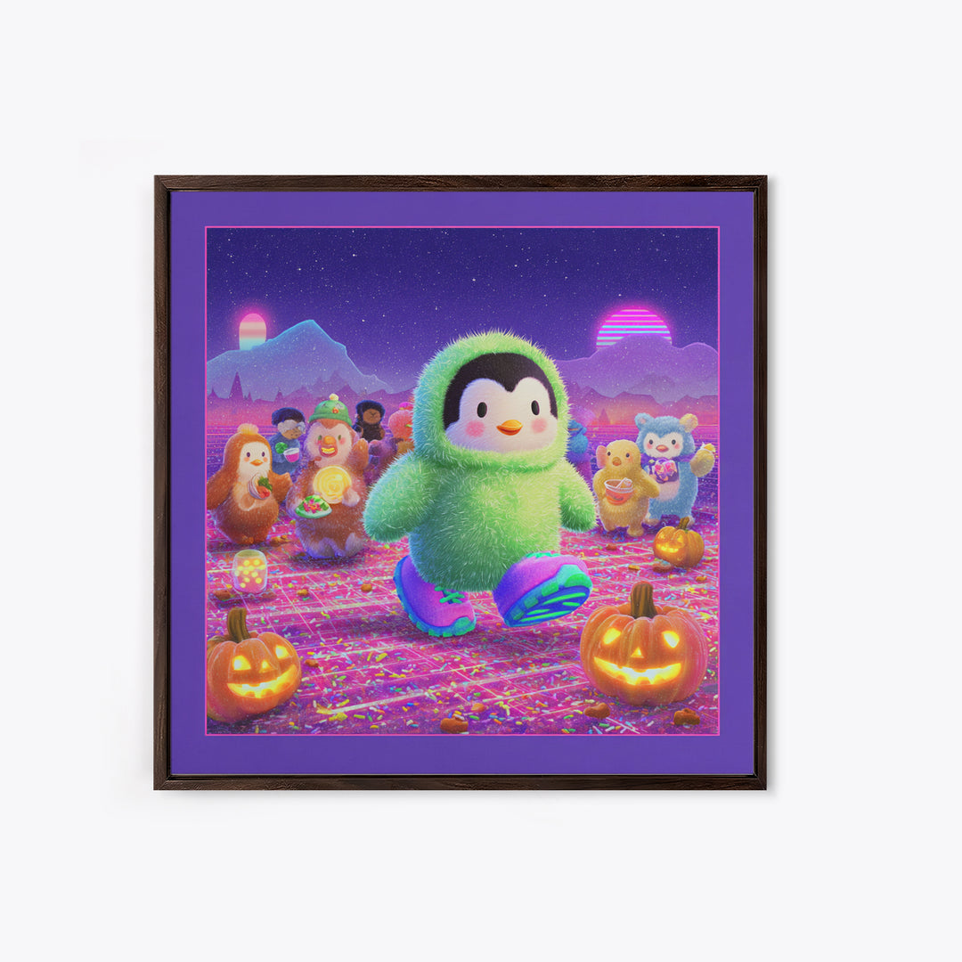 The Penguin Monster, Vaporwave Halloween Decor, Square Wall Art, Canvas Print, Retro Halloween Decor, Neon Wall Art, Gothic Home Decor
