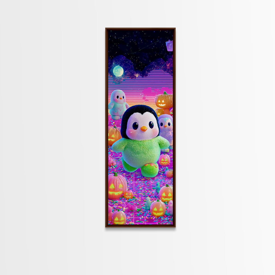 The Penguin Monster, Cute Spooky Neon Art, Tall Narrow Wall Art, Canvas Print, Retro Halloween Decor, Neon Wall Art, Spooky Wall Decor