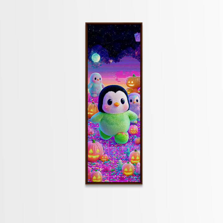 The Penguin Monster, Cute Spooky Neon Art, Tall Narrow Wall Art, Canvas Print, Retro Halloween Decor, Neon Wall Art, Spooky Wall Decor