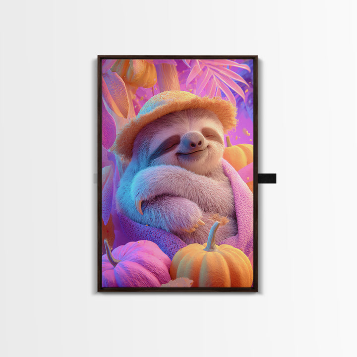 The Scarecrow Sloth, 80s Halloween Wall Art, Vertical Wall Art, Canvas Print, Retro Halloween Decor, Neon Wall Art, Gothic Home Decor