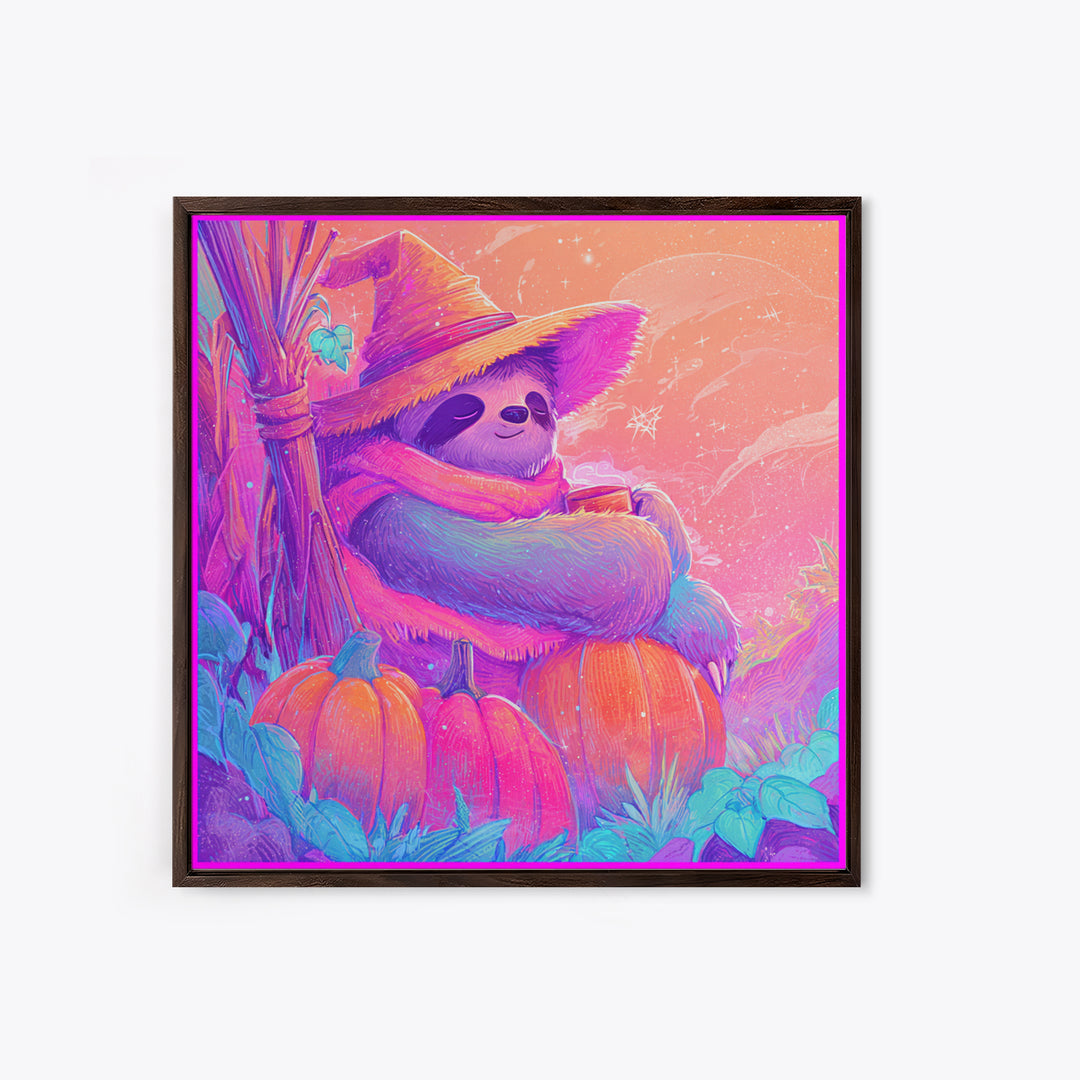 The Scarecrow Sloth, Cute Spooky Neon Art, Square Wall Art, Framed Canvas Print, Retro Halloween Decor, Neon Wall Art, Spooky Wall Decor