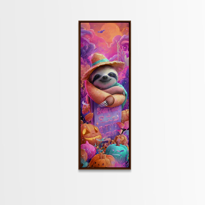 The Scarecrow Sloth, 80s Halloween Wall Art, Tall Narrow Wall Art, Canvas Print, Retro Halloween Decor, Neon Wall Art, Horror Wall Art