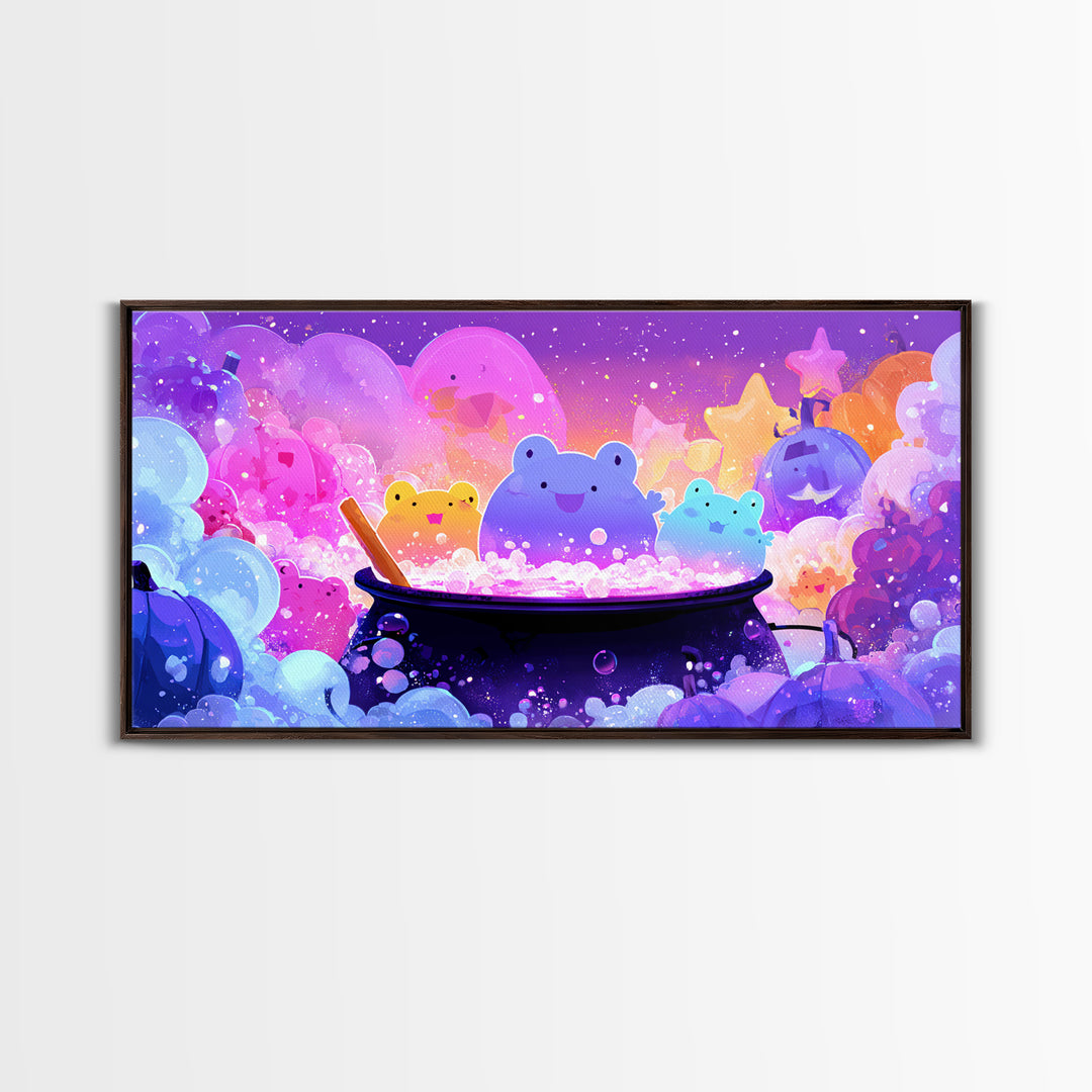 The Cauldron Frog, 80s Halloween Wall Art, Wide Panoramic Art, Canvas Print, Retro Halloween Decor, Neon Wall Art, Seasonal Home Decor