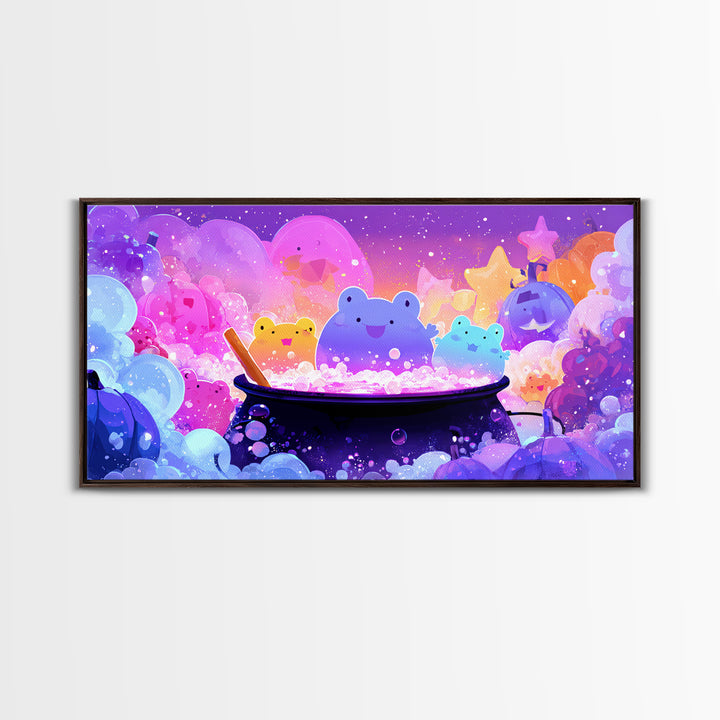 The Cauldron Frog, 80s Halloween Wall Art, Wide Panoramic Art, Canvas Print, Retro Halloween Decor, Neon Wall Art, Seasonal Home Decor