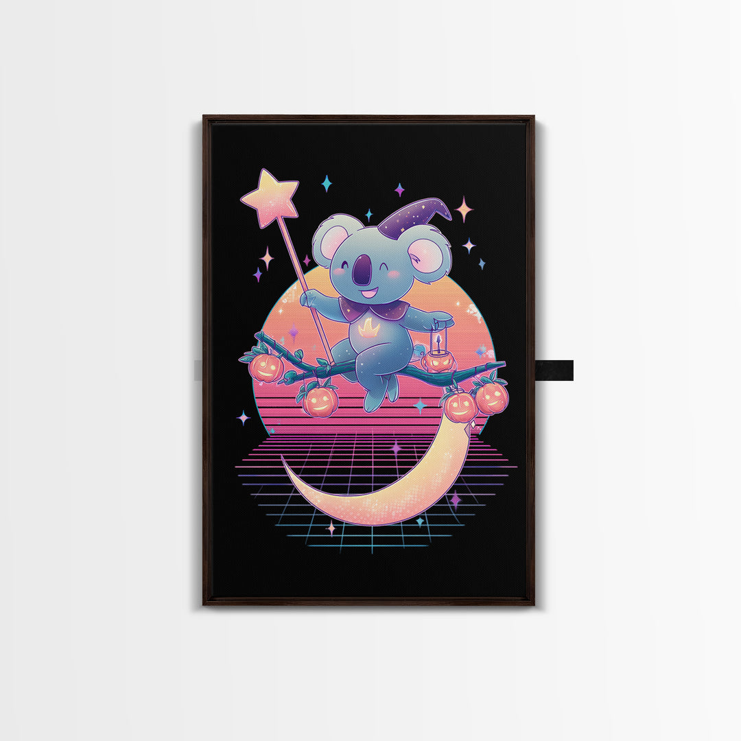 The Koala Wizard, Retro Neon Halloween Art, Vertical Wall Art, Canvas Print, Retro Halloween Decor, Neon Wall Art, Statement Wall Art