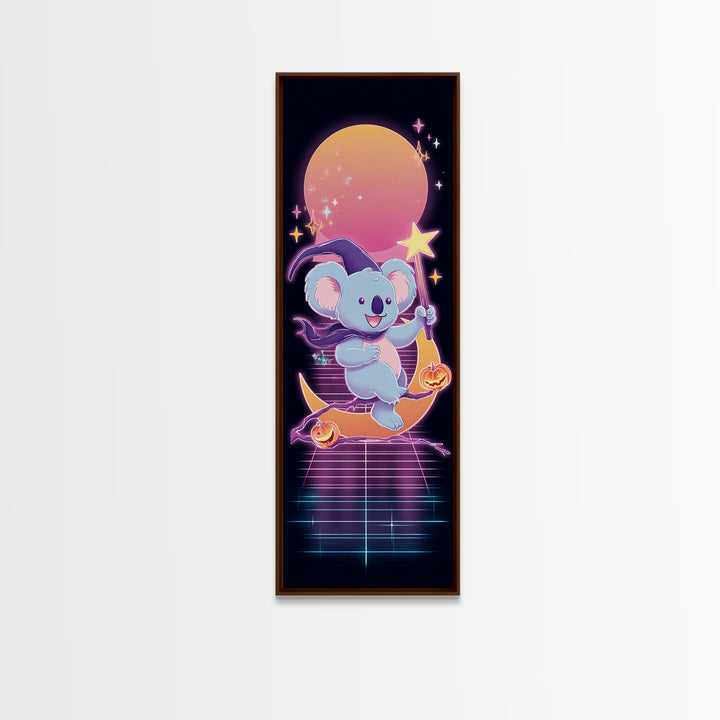 The Koala Wizard, Synthwave Halloween Art, Tall Narrow Wall Art, Canvas Print, Retro Halloween Decor, Neon Wall Art, Spooky Wall Decor