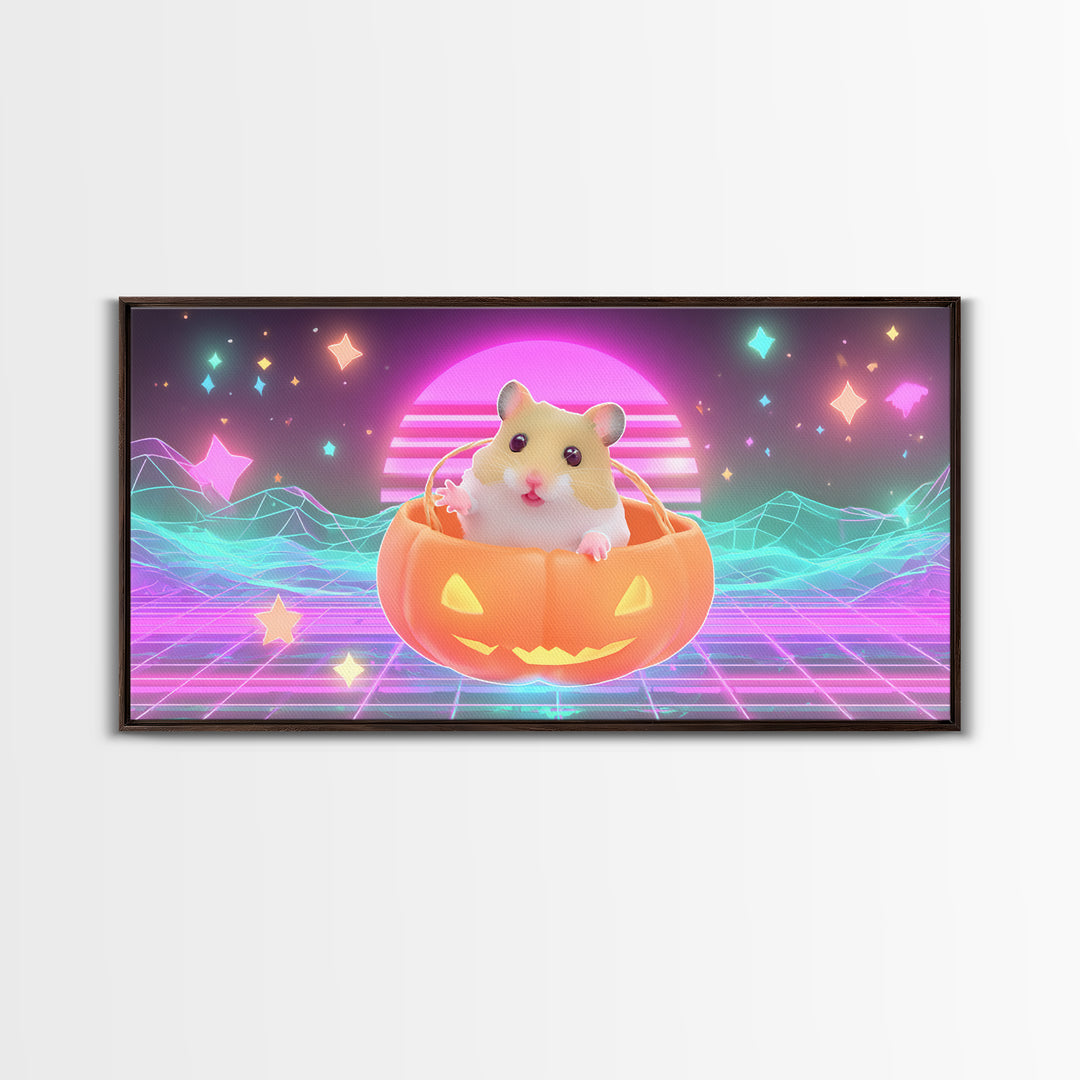 The Pumpkin Hamster, Retro Neon Halloween Art, Wide Panoramic Art, Framed Canvas Print, Retro Halloween Decor, Neon Wall Art