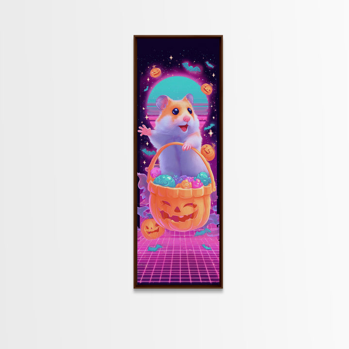 The Pumpkin Hamster, Synthwave Halloween Art, Tall Narrow Wall Art, Framed Canvas Print, Retro Halloween Decor, Neon Wall Art