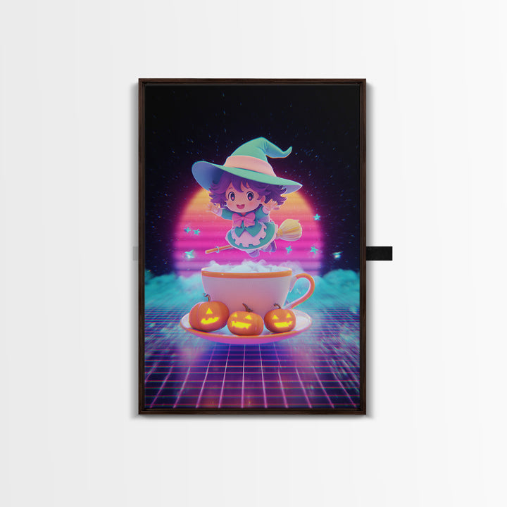 The Teacup Witch, Cute Spooky Neon Art, Vertical Wall Art, Framed Canvas Print, Retro Halloween Decor, Neon Wall Art, Seasonal Home Decor